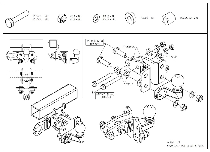Kugelstange J0015 I/C (für Jeep Grand Cherokee) BOSStow Adaptersatz auf Flanschkugel höhenverstellbar